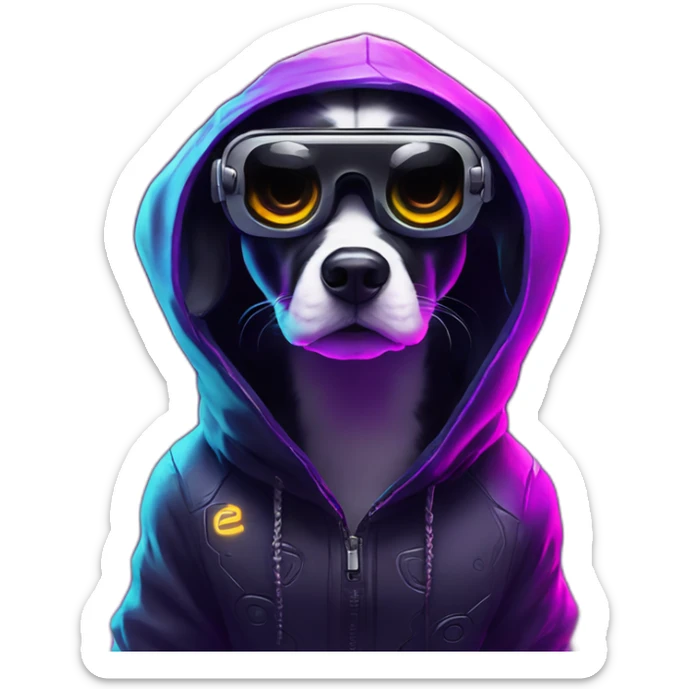 funny dog wearing a black hoodie with "OMG" letters on it and VR headset in a cyberpunk VR environment with violet neon lighting. sticker
