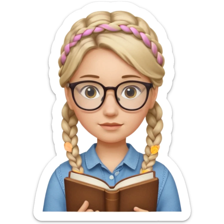 A student, girl, braid hair, wearing glasses, hold book in front of their chest sticker