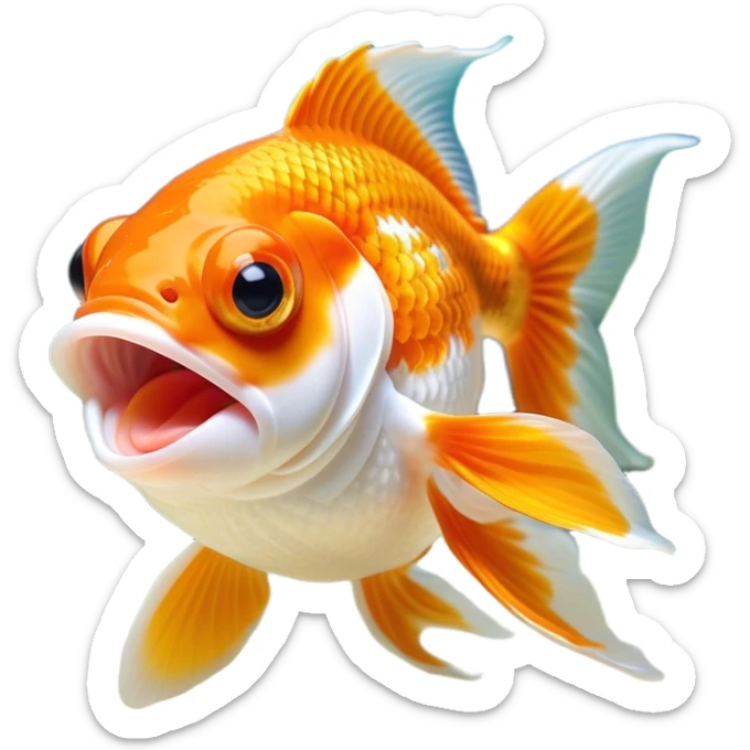 Cinematic Cute Yawning Orange and White Goldfish Portrait Emoji, Head tilted slightly with a dramatic, wide-open yawn, showcasing a smooth body with a balanced blend of orange and white, graceful fins slightly drooping, round golden eyes barely open in drowsy contentment, Simplified yet irresistibly adorable features, highly detailed, glowing with a soft, cozy glow, high shine, relaxed yet expressive, stylized with a touch of whimsy, bright and endearing, soft glowing outline, capturing the essence of a sleepy yet affectionate goldfish, so drowsy it feels like it could float out of the screen and curl up for a nap! sticker