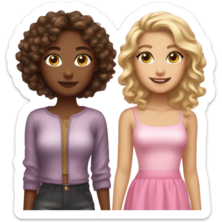 Two pretty best friends , one with tan skin and brown hair with blonde highlights, and another with curly dark brown hair and tan skin too. Also give them pink Christmas outfits  sticker