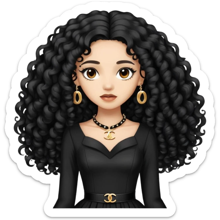 light skin girl with very long black curly hair, brown eyes, wearing a black Chanel dress sticker
