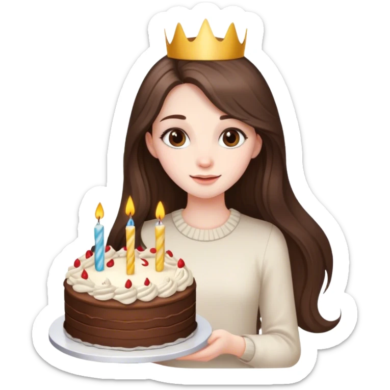  beautiful pale brunette girl with long hair with birthday cake sticker