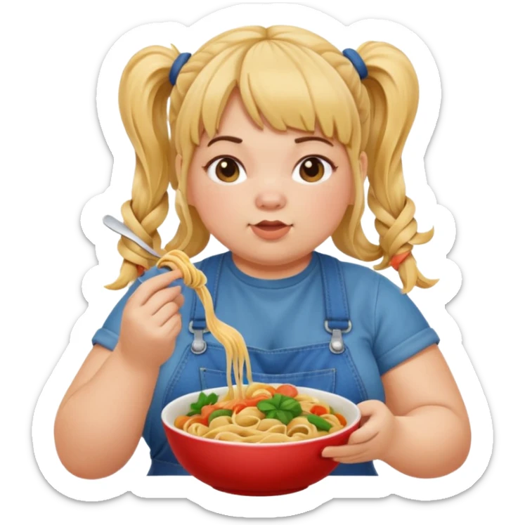 Fat girl with pigtails and bangs in overalls, eating pasta noodles sticker