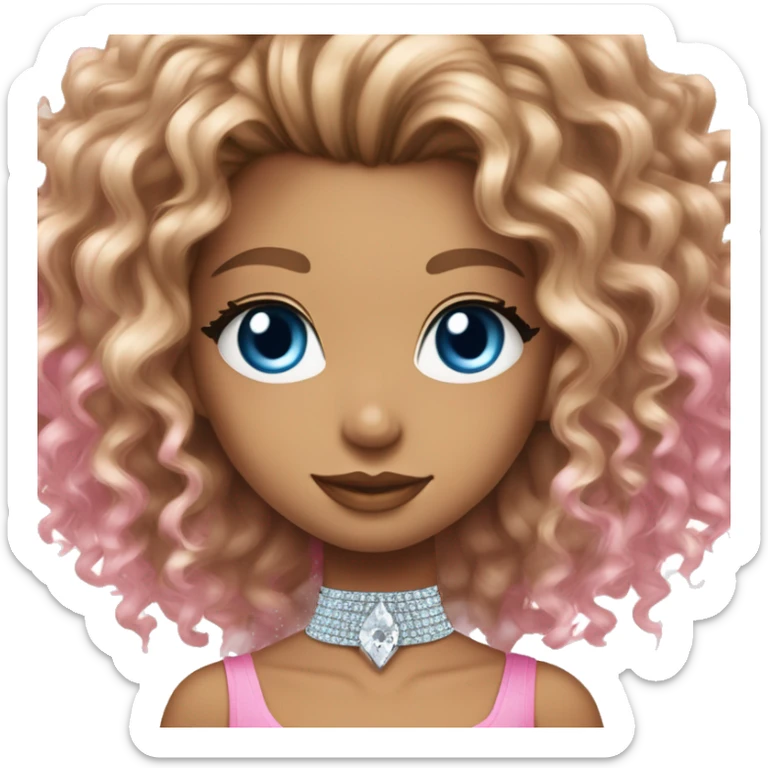 Girl with long curly hair, blue eyes with cateye eyeliner, bronde highlights, parted in the middle, wearing diamond choker, pink sparkly tube top, winking sticker