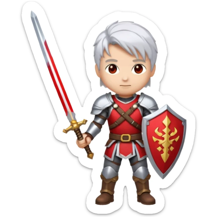 32x32 pixel art emoji, a white-haired boy holding dual swords, inspired by, heroic pose, silver-white hair, glowing red and silver swords, metallic armor details, vibrant colors, transparent background, high contrast, video game icon style. sticker