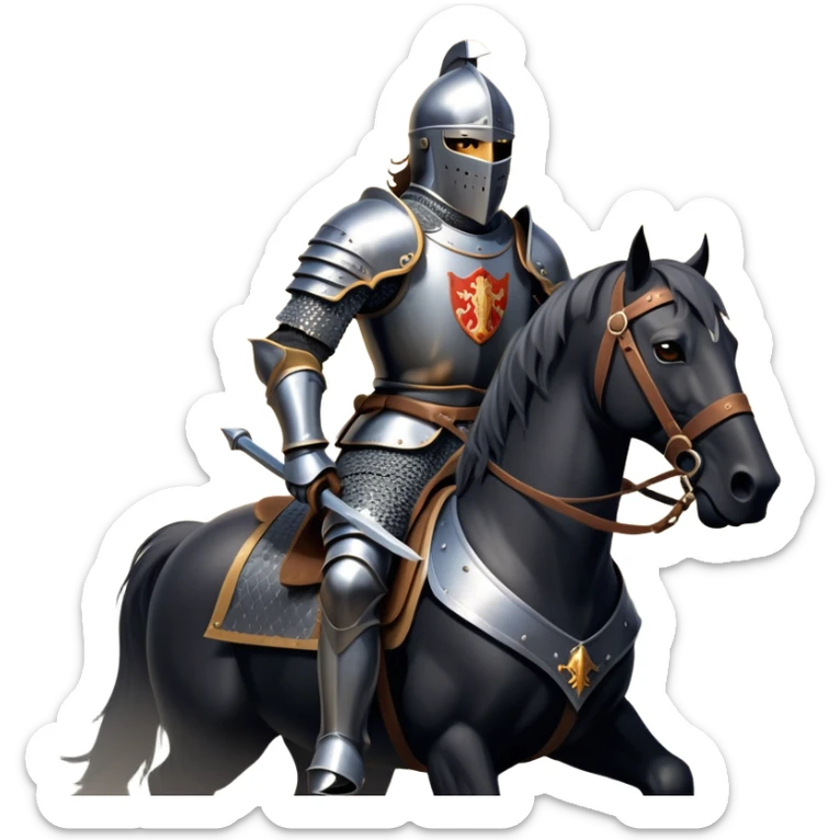 clash-of-clans-aesthetic_-cinematic-fearsome-and-majestic-knight-bust-portrait-emoji, rendered in a flat, vector-style with minimal shading and bold, simplified shapes, depicting a battle-ready medieval knight with steely eyes and intricate armor, riding on a black warhorse looking regal reflecting sunlight over a misty battlefield. sticker