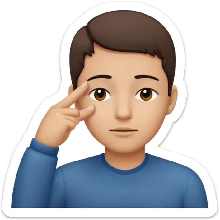 Una persona tocándose la cabeza por la 100 con un dedo índice y los ojos serrados  por arriba de la oreja con una sola mano sticker