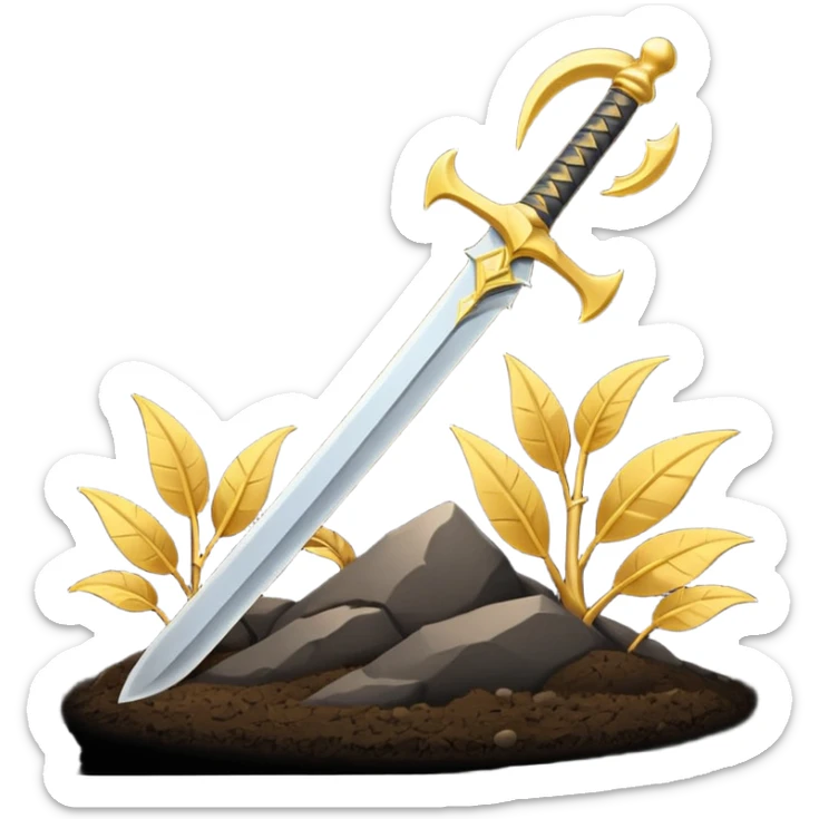 Minimalist emoji of a single upright sword planted into the ground with a glowing crescent rising behind it, representing inner discipline, Islamic strength, and the start of a new chapter. Flat icon style, transparent background sticker