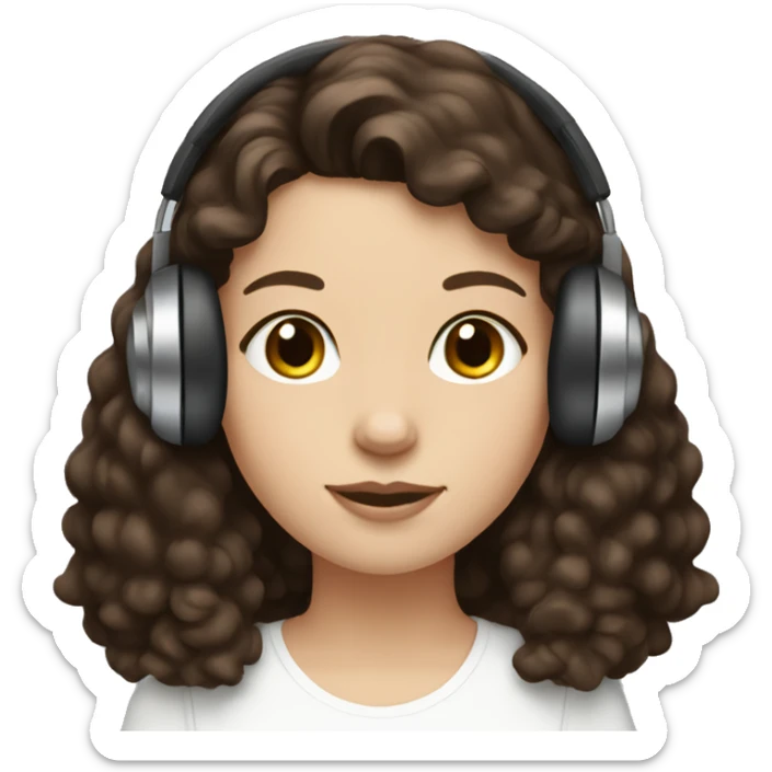 White girl, dark straight hair in headphones with brown poodle sticker
