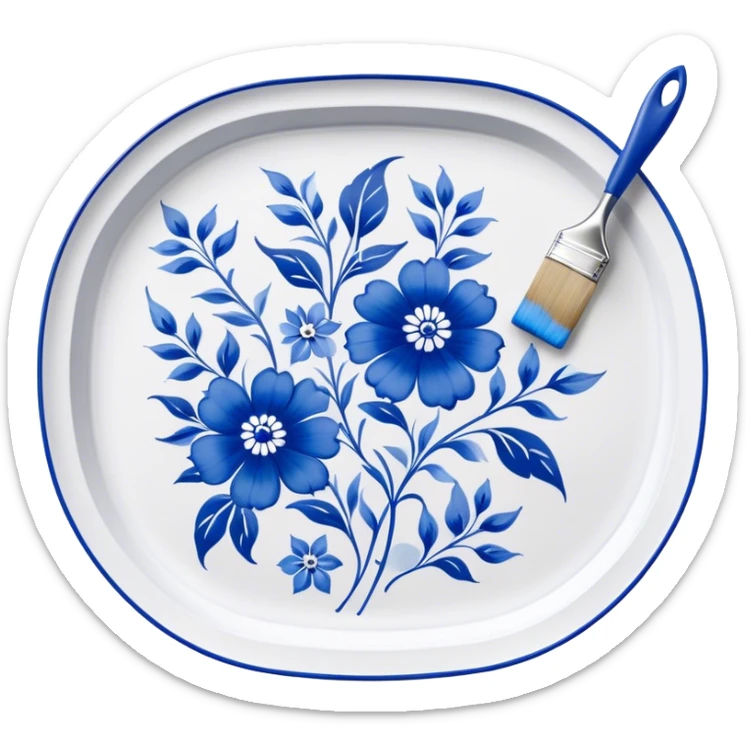Gzhel-style metal painting icon, hand-painted Gzhel-style metal tray with intricate blue and white floral patterns, visible paintbrush and paint pots, metal surface in the process of being painted, no finished artwork, just the painting process, minimalistic style, clean lines, transparent background. sticker