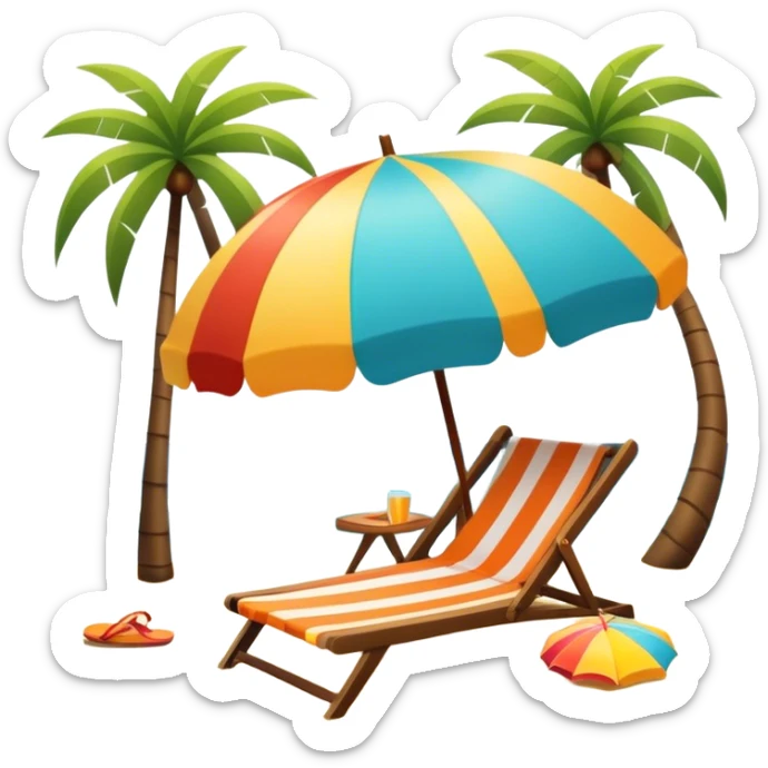 Vibrant Icon for Beach Tourism: a sunny beach with the sea, a lounge chair, a sun umbrella, and flip-flops. The icon should capture the essence of a relaxing beach vacation with a carefree atmosphere. Transparent background. sticker