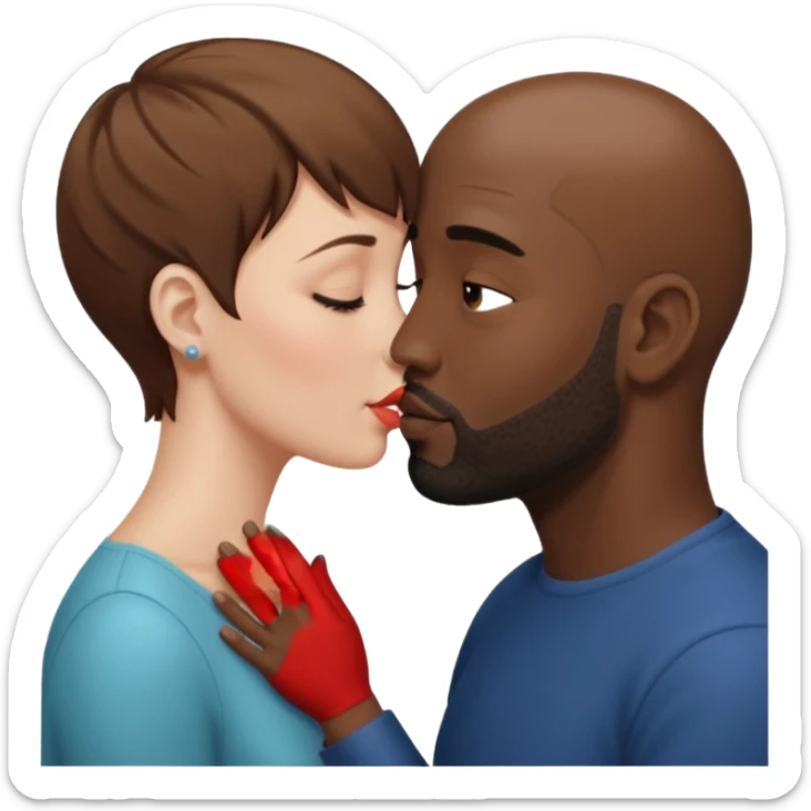 a white woman with short brown hair and a black man with no hair and a beard are facing one each other and the woman is giving a kiss to the man's forehead sticker
