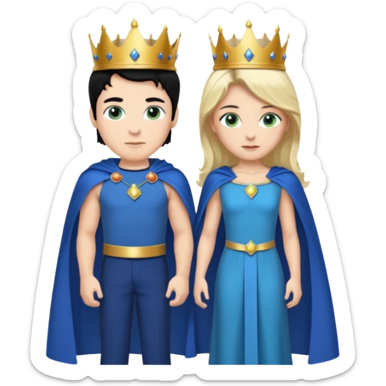 Prince with crown, blue cape and trousers, body and legs, black hair, blue eyes, woman blonde hair, green eyes, sexy white short sleveless dress,  sticker