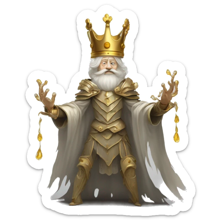 Vintage King hamlet old man big beard gold crown wearing armour fading ghost hands out trapped melting into wisps sticker