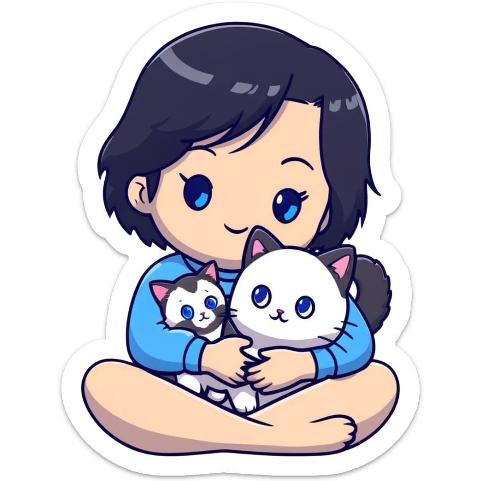 Cute Asian girl with black hair cradling a fluffy ragdoll cat with blue eyes sticker