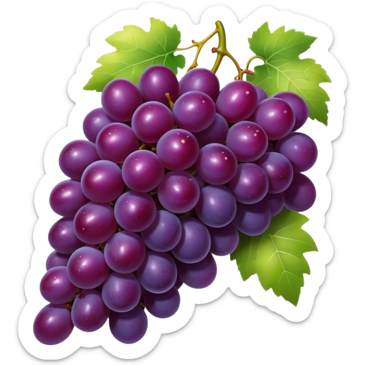 Cinematic glossy purple grapes, plump and dewy, gathered in a beautiful cluster, deep rich hues, ultra-detailed, fresh and juicy, soft glowing light. sticker