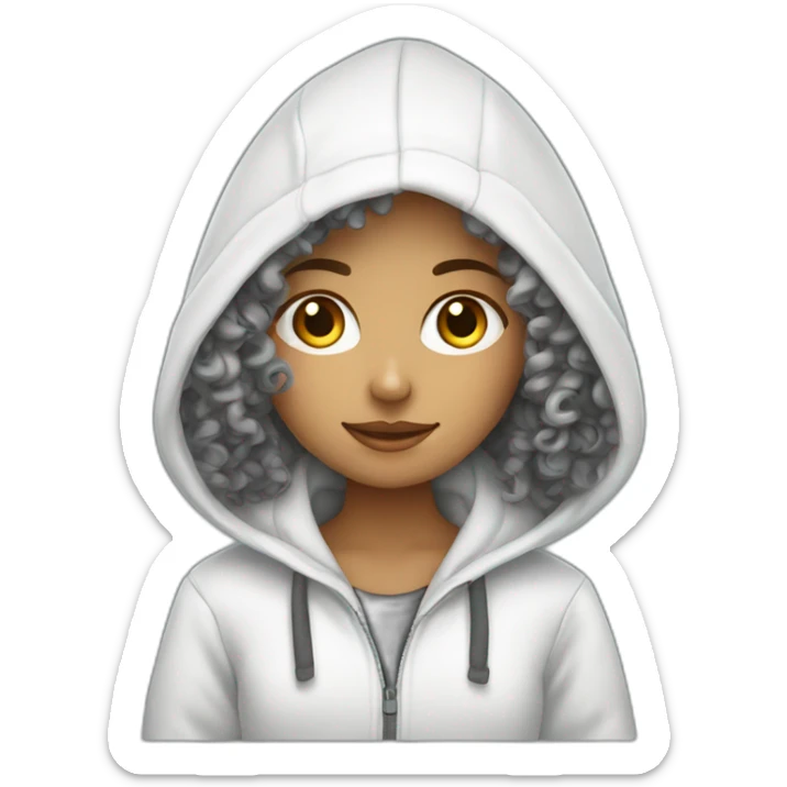a white tenage curly girl wearing a hoodie working on a laptop sticker