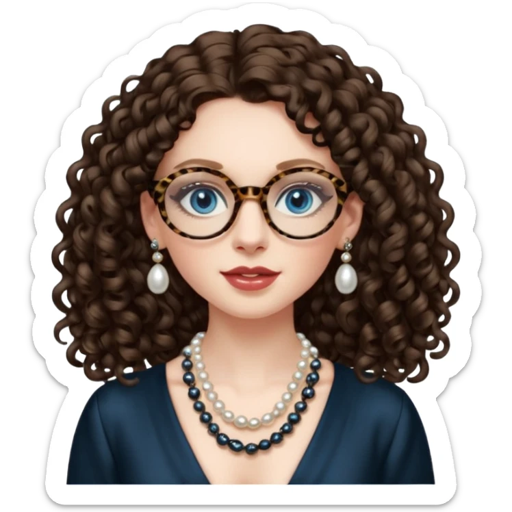 a blue eyed woman with very long brunette curly hair, full lips,and really pale skin. She is wearing a leopard printed thin round-ish glasses . She is wearing fully plain silky black dress. She is wearing pearl necklase and pearl earrings. saying hello sticker
