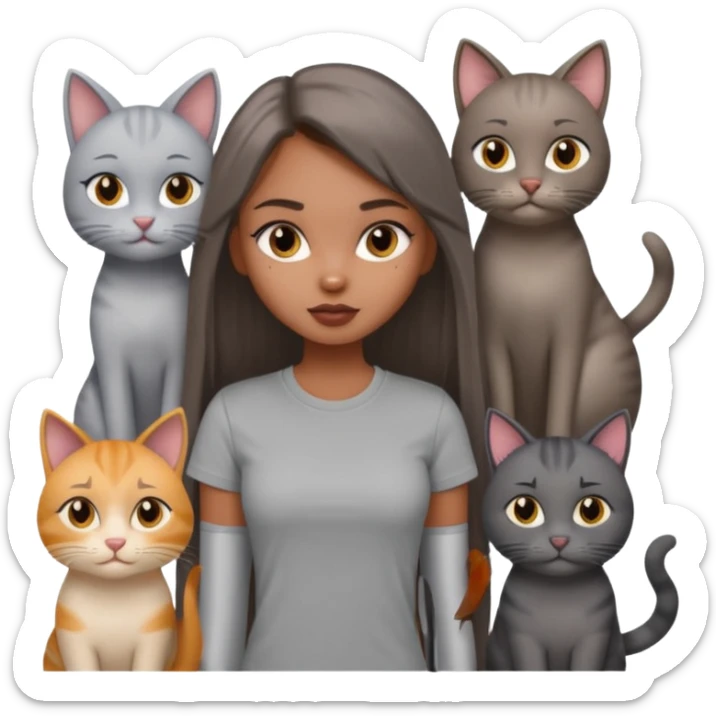 a pretty bratz dusky girl with long straight hair with four cats nd wearing a grey tshirt sticker