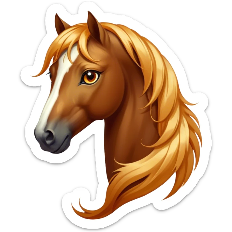 Cinematic Elegant Bay Horse Portrait Emoji, Head held high with a serene, majestic gaze, showcasing a magnificent bay fur with a rich, lustrous sheen, a flowing mane and tail, and radiant amber eyes that exude beauty and grace, Simplified yet majestically refined features, highly detailed, glowing with a soft, ethereal light, high shine, poised and breathtaking, stylized with an air of pure elegance, capturing the essence of a stunning and graceful steed, so beautiful it feels like it could gallop out of the screen with effortless charm! sticker