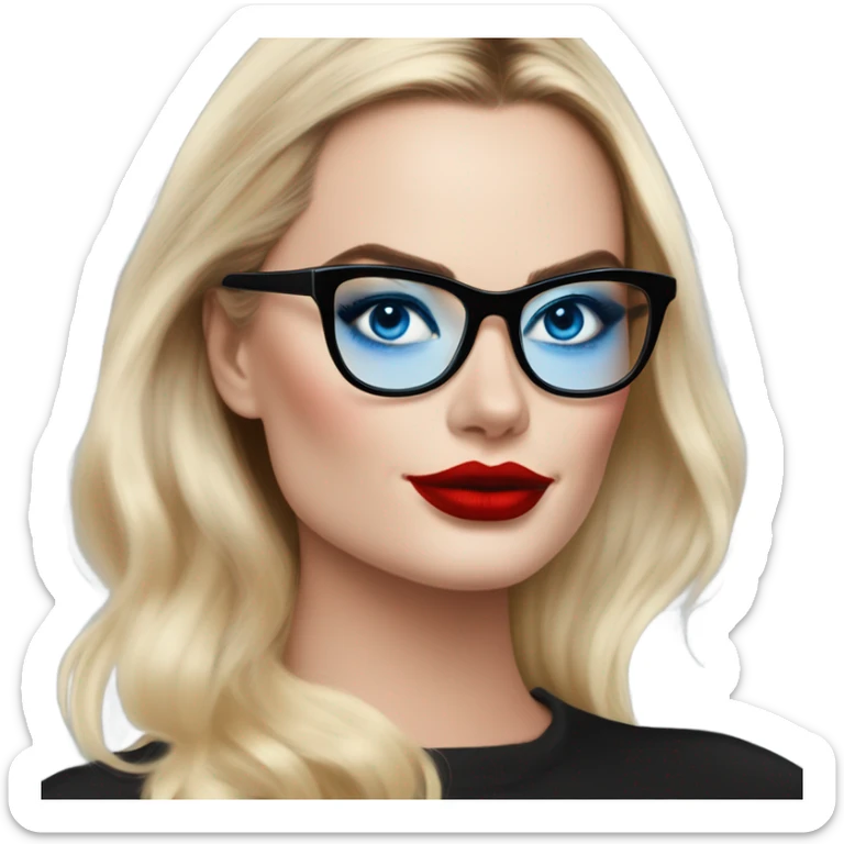 Real Margot Robbie, bright blue eyes and winged eye liner, red kisses, wearing black glasses  sticker