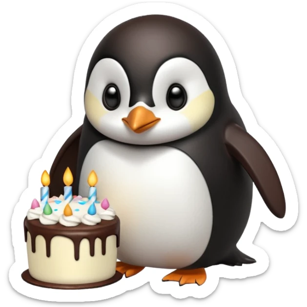 A penguin standing near a cake, feeling shy from a surprise celebration, portrait, bust up sticker