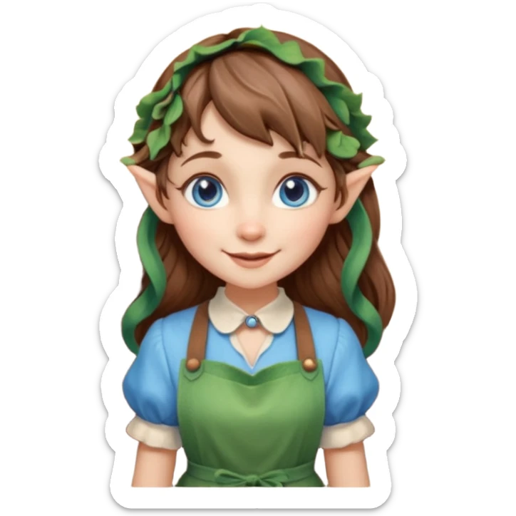 Kind happy whimsical quirky Girl toymaker, wood carving elf. Woodland creator. Blue eyes. brown hair (just below chin length) wavy hair & bangs. Whimsical playful cute sticker
