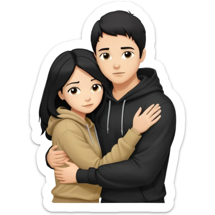 Joven de pelo negro corto y piel morena con poleron negro abrazando por detrás a una joven de pelo negro largo con partidura al medio, de piel blanca con sus manos en los brazos del joven aceptando su abrazo sticker