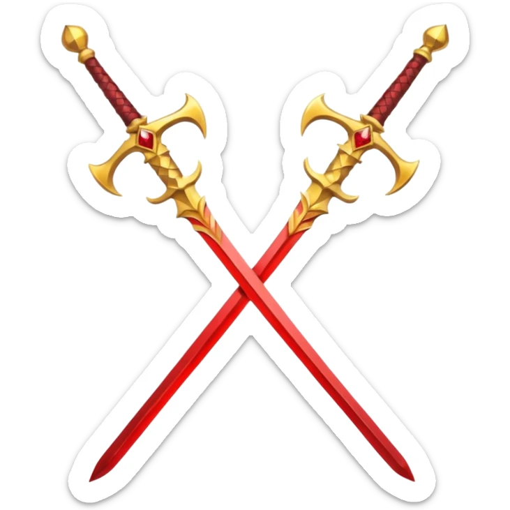 Two crossed swords that are golden in blade and handle and have fiery and royal appearence to them as well as red gem stones yellow in color sticker