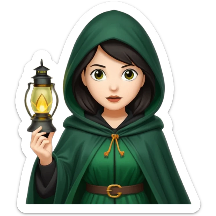 traitor tv show, dark haired woman wearing dark green cloak with hood up who looks very evil and is holding up a lantern sticker