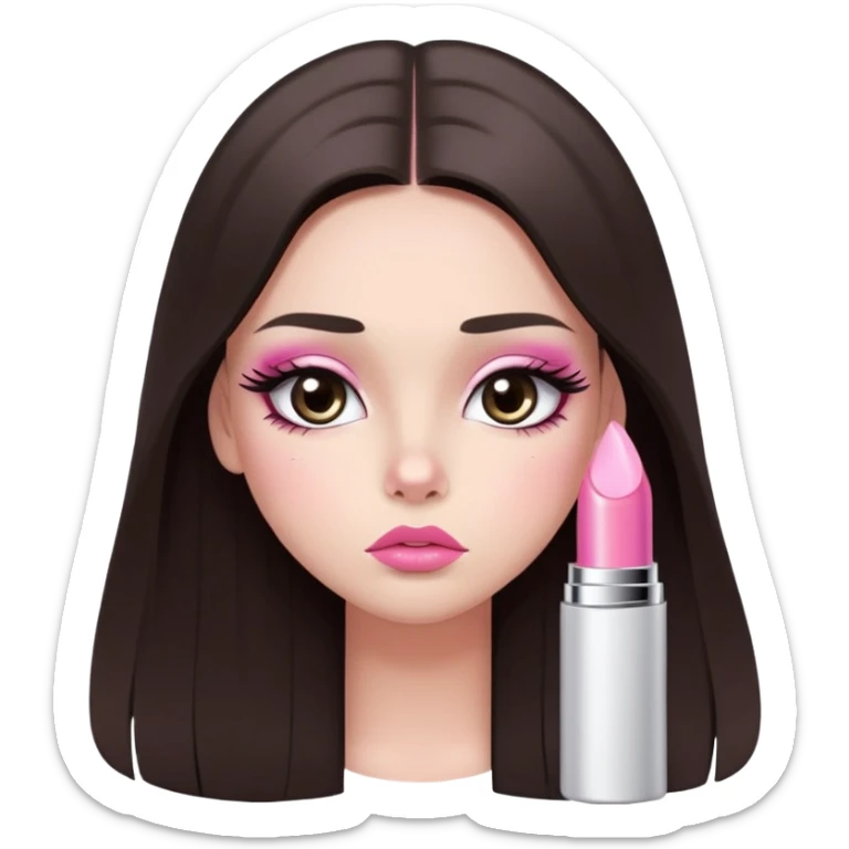 girl with lighter skin, dark brown long straight hair, pouty shiny lips with pink lip gloss, large eyes with eyelashes, pink blush on cheeks, inner eye highlighted with white eyeliner, lighter button nose, long oval-shaped face sticker