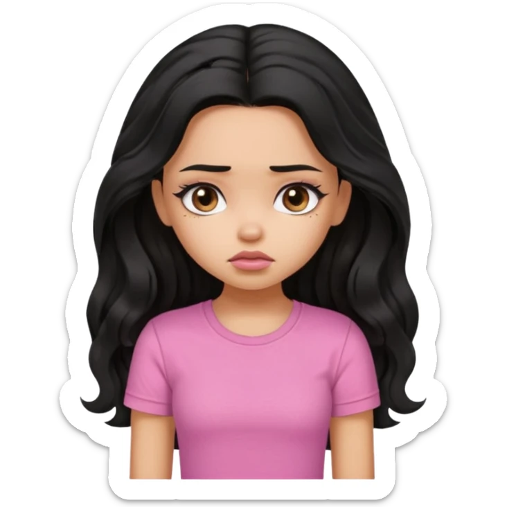 a pretty bratz girl with long wavy black hair, wearing a pink tshirt. looking sad sticker