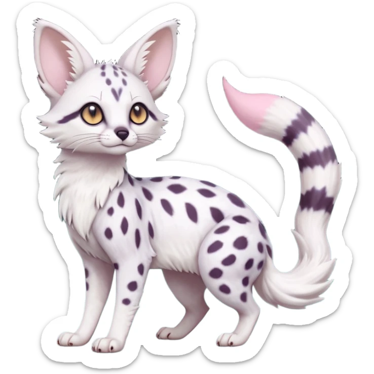 White Albino pastel light whitish grey-spotted Serval-Civet-Genet-Trico-Furret-Linoone-Noibat-Espeon-Fakémon-Pokémon-animal-hybrid-fusion-creature (full body) with vibrant glowing eyes, cute, elegant, soft, realistic, pastel fur sticker