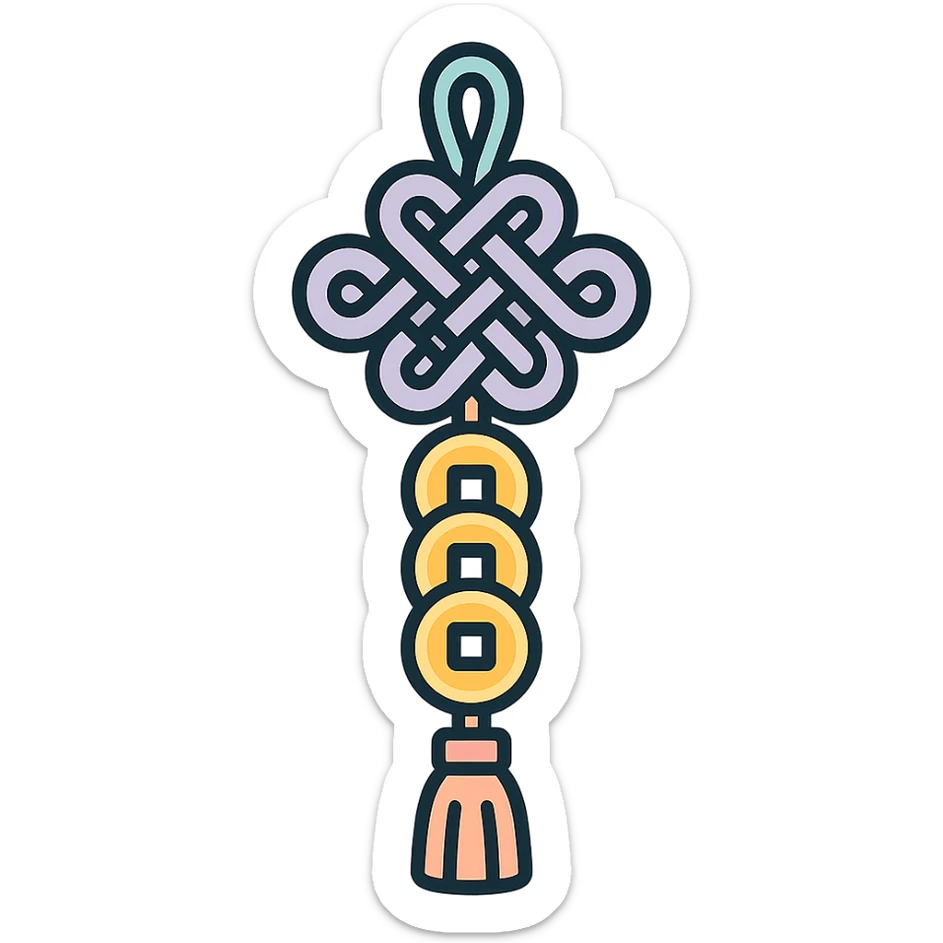 Chinese happiness knot with coins and tassel, icon-color-outlined style, detailed shadows and highlights, thin clean outlines, soft rounded shapes, pastel palette #98B5BC, #B5B3C1, #C9A3C9, #E4C0CA, #F7DCD1, #F7C0AA, modern Japanese pop art and sticker aesthetic, high detail, vector sharpness, soft lighting, transparent background sticker