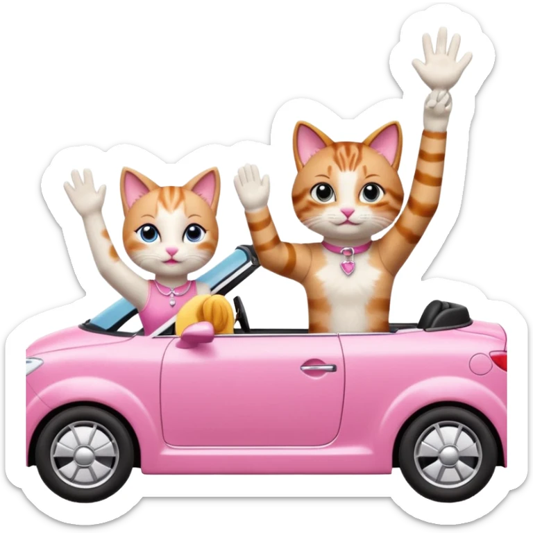 Barbie and Ken as cats waving from a pink convertible car sticker
