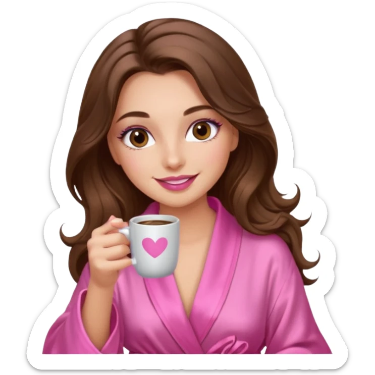 girl with long wavy brown hair, brown eyes, long lashes makeup, sexy pink lips, light to medium complexion, wearing a pink sexy silk top, smiling in a cozy pink robe drinking coffee sticker