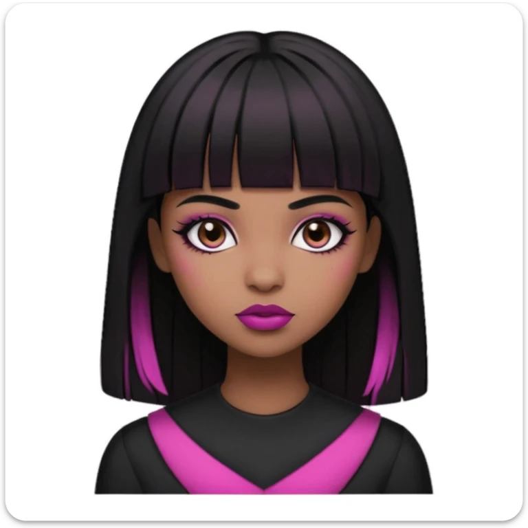 brown skin, straight hair with the ends curved upwards, bangs above the eyebrow, dark brown eyes, girl, half gothic and pink style   sticker
