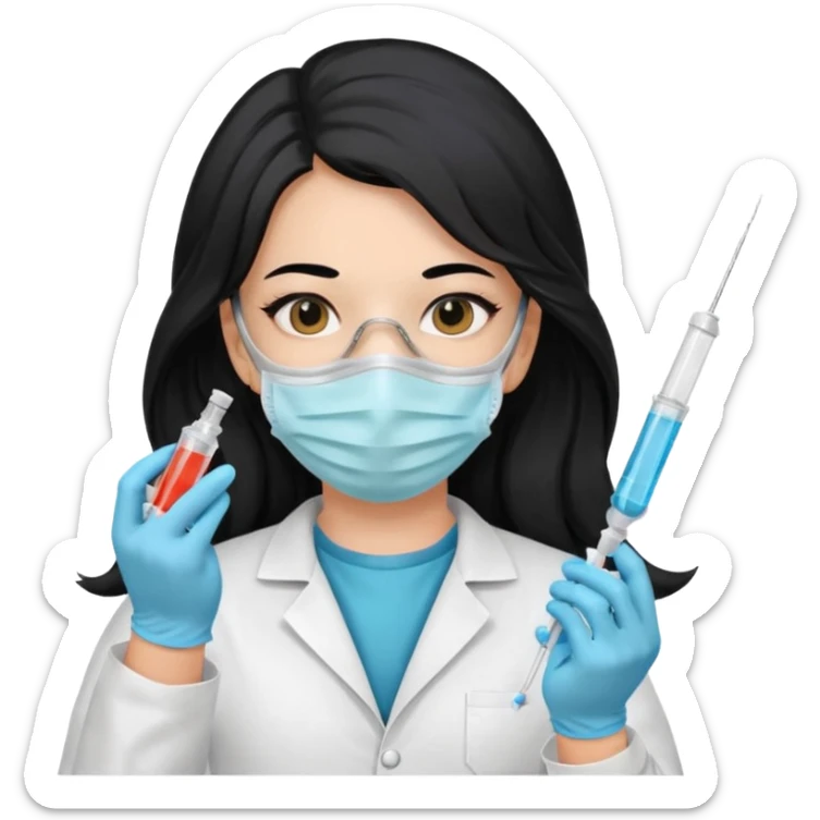 laboratorista con guantes  y mascarilla jeringa tubos  pelo negro largo triguella sticker