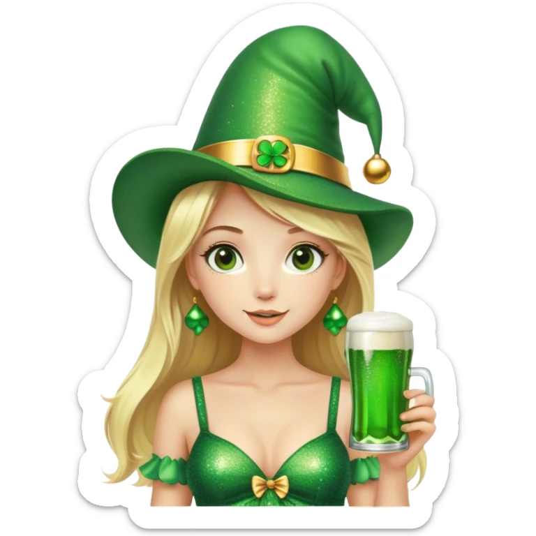 Blonde haired girl in glittery green bell bottoms and tall leprechaun hat holding a green beer sticker