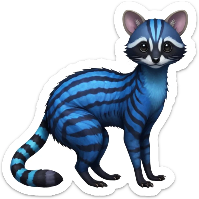 Feral Rare Fantasy iridescent scaly evil spooky vibrant dark shady shaded detailed deep-dark-cobalt-blue-gradients-colored colorful Genet-Trico-Civet-Cacomistle-Tanuki-Margay-species by LiLaiRa, with dark-blackish points, white belly, random markings, tufted tail, tufted ears, full body sticker