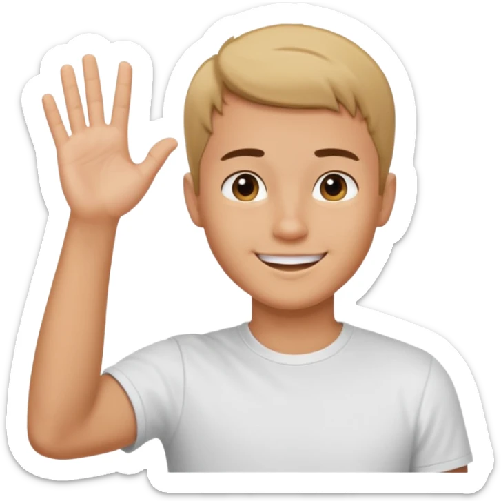 joven trigueño corte de pelo muy cortito polera blanca sonrisa bonita saludando mano arriba sticker