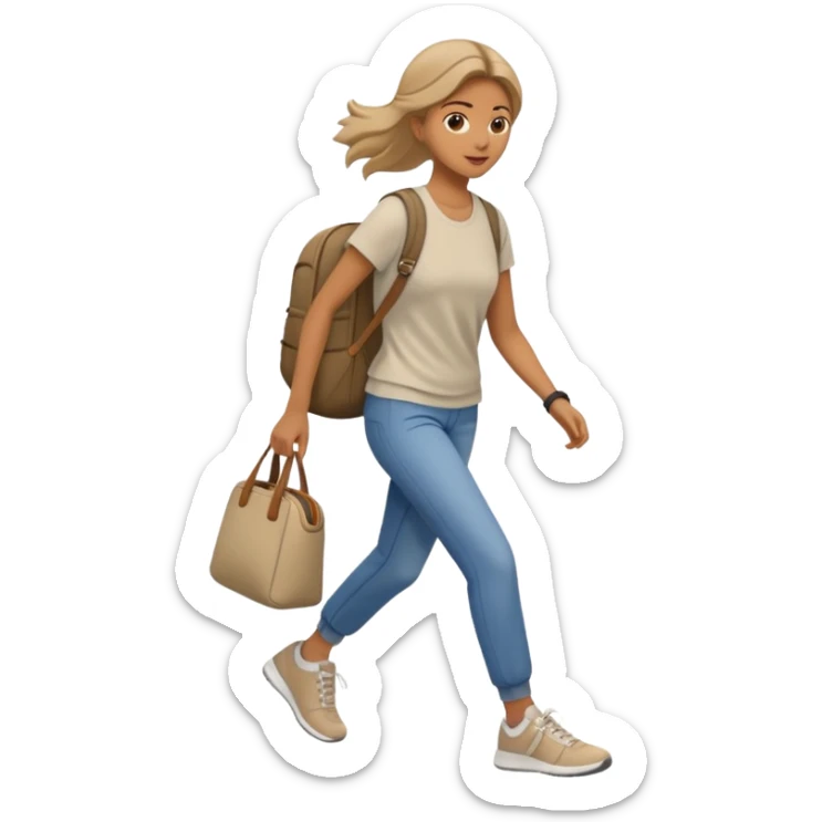 iOS emoji style - a woman in casual clothes and wearing trainers. Walking quickly. She does not have a bag or backpack.

 sticker