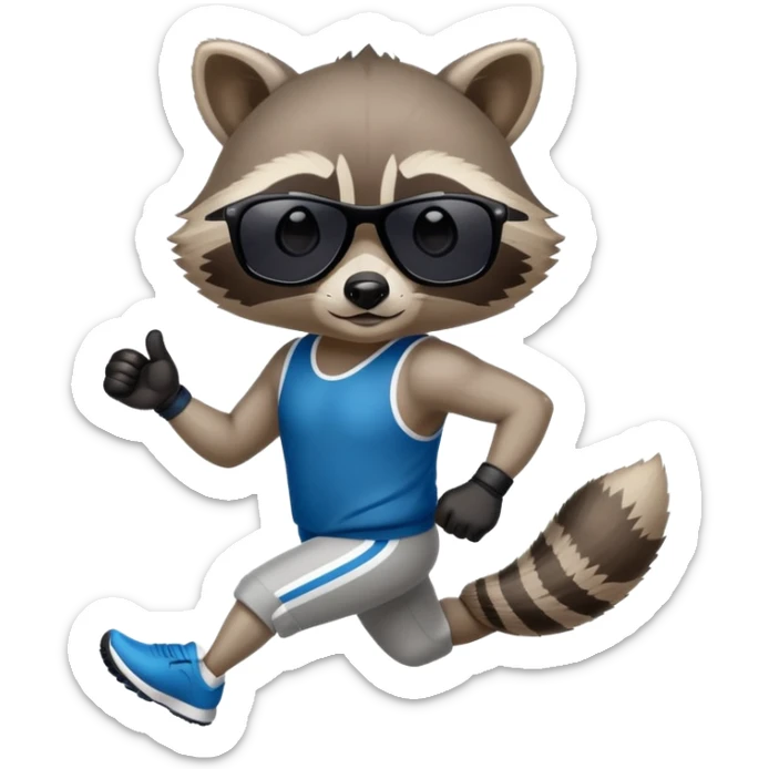 friendly anthropomorphised raccoon in sports wear, wearing dark sunglasses, jogging upright, mafia style sticker