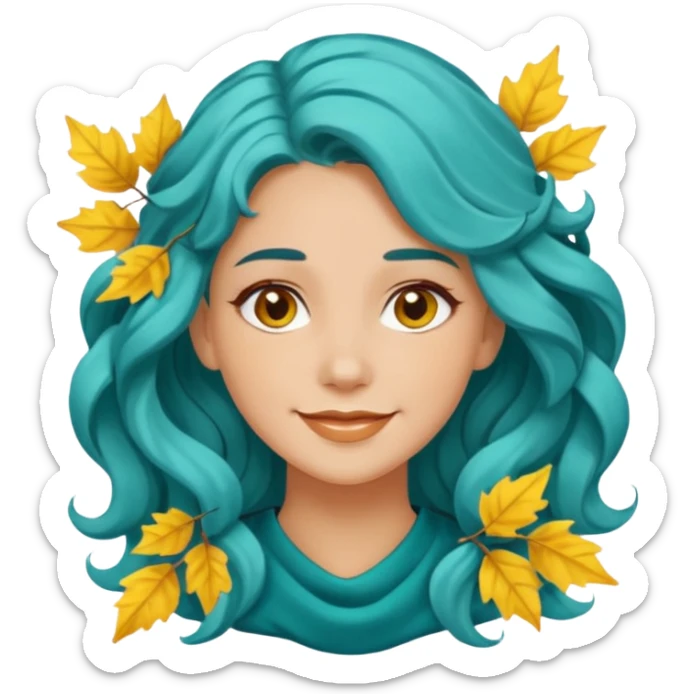 A woman with wavy teal hair decorated with yellow leaves, looking forward with a gentle smile. sticker