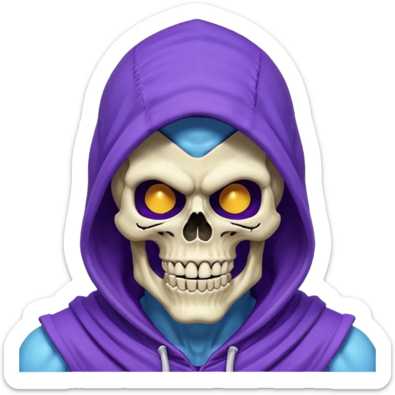 Skeletor, classic cartoon villain, grinning skull face, purple hood, blue muscular body sticker