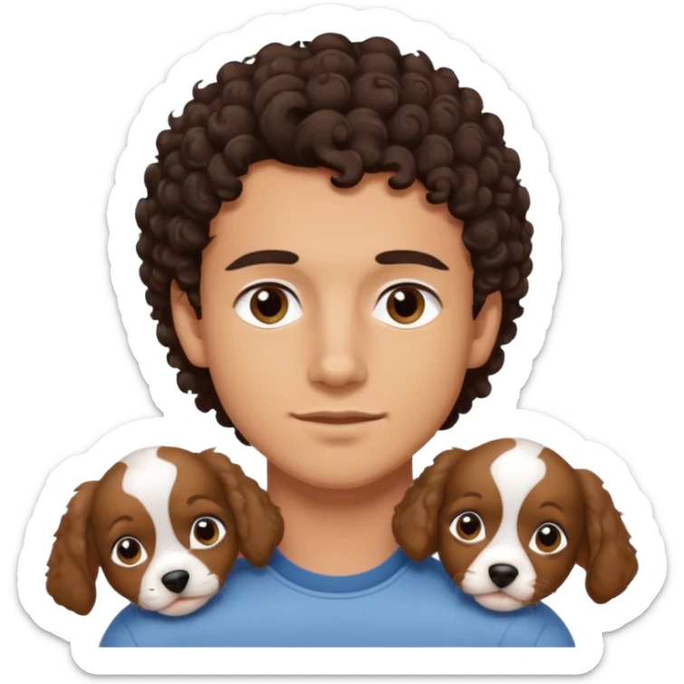 young man with dark brown curly hair, deep set eyes with two York puppies sticker