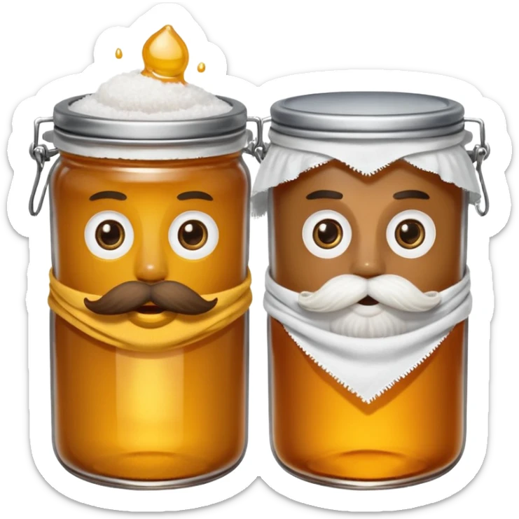 Garama and Madundung are together a gray container of salt and a honey container with a cloth on top. They each have eyes with white in the middle, a mouth, nose, and mustache both customary to their colors. They have hairy legs and emit an aura of salt (Garama), and honey (Madundung). sticker