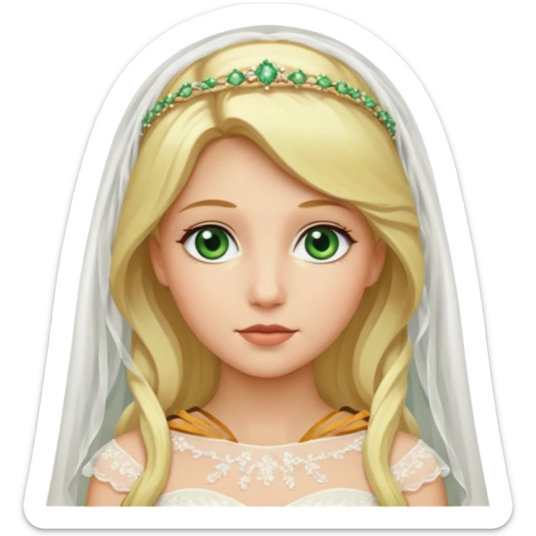 blonde haired green eyed bride in ivory gown  with veil no flowers sticker