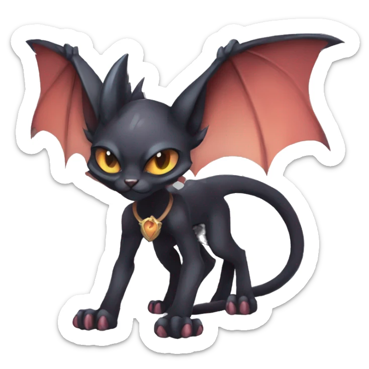Black cool vampiric demonic Noivern-Litten-Sphynx-Lykoi-Caracal-Fakemon with big bat ears full-body sticker