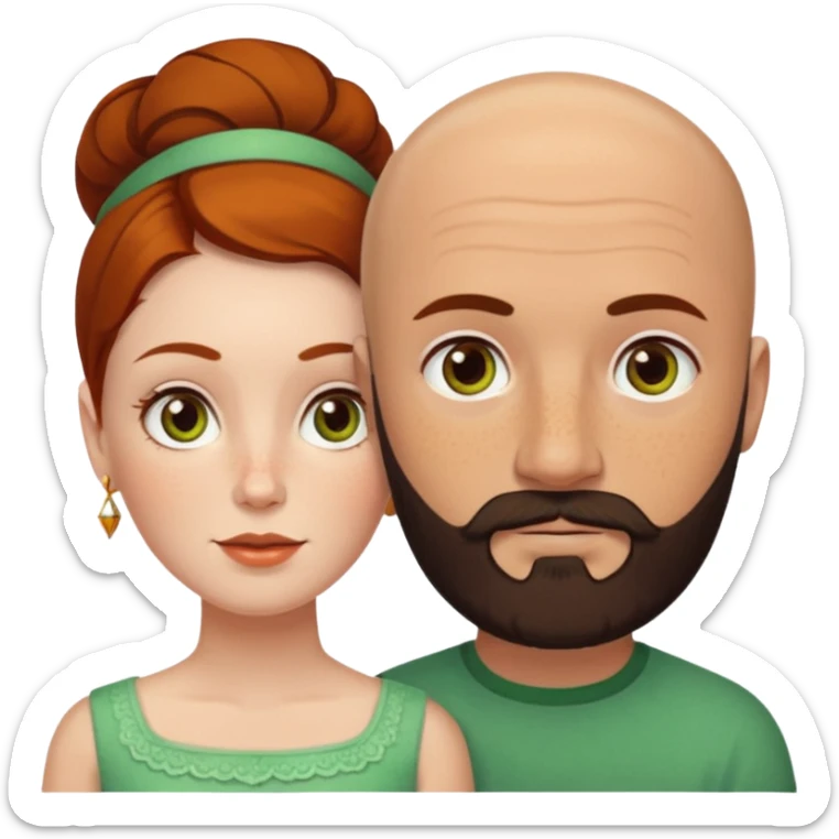 Couple. Bald man with dark brown-black beard. White woman with many small, faded freckles, she has white skin and she has auburn-yellow-brown-cinnamon, dark hair. She has light orange-brown eyes. The man have hazel eyes. They like green. Retro style. sticker